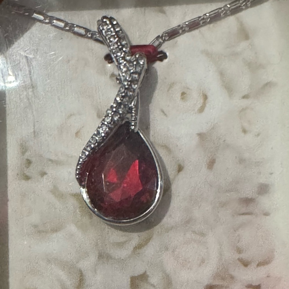 Red Crystal Tear Drop Silver Heart Necklace